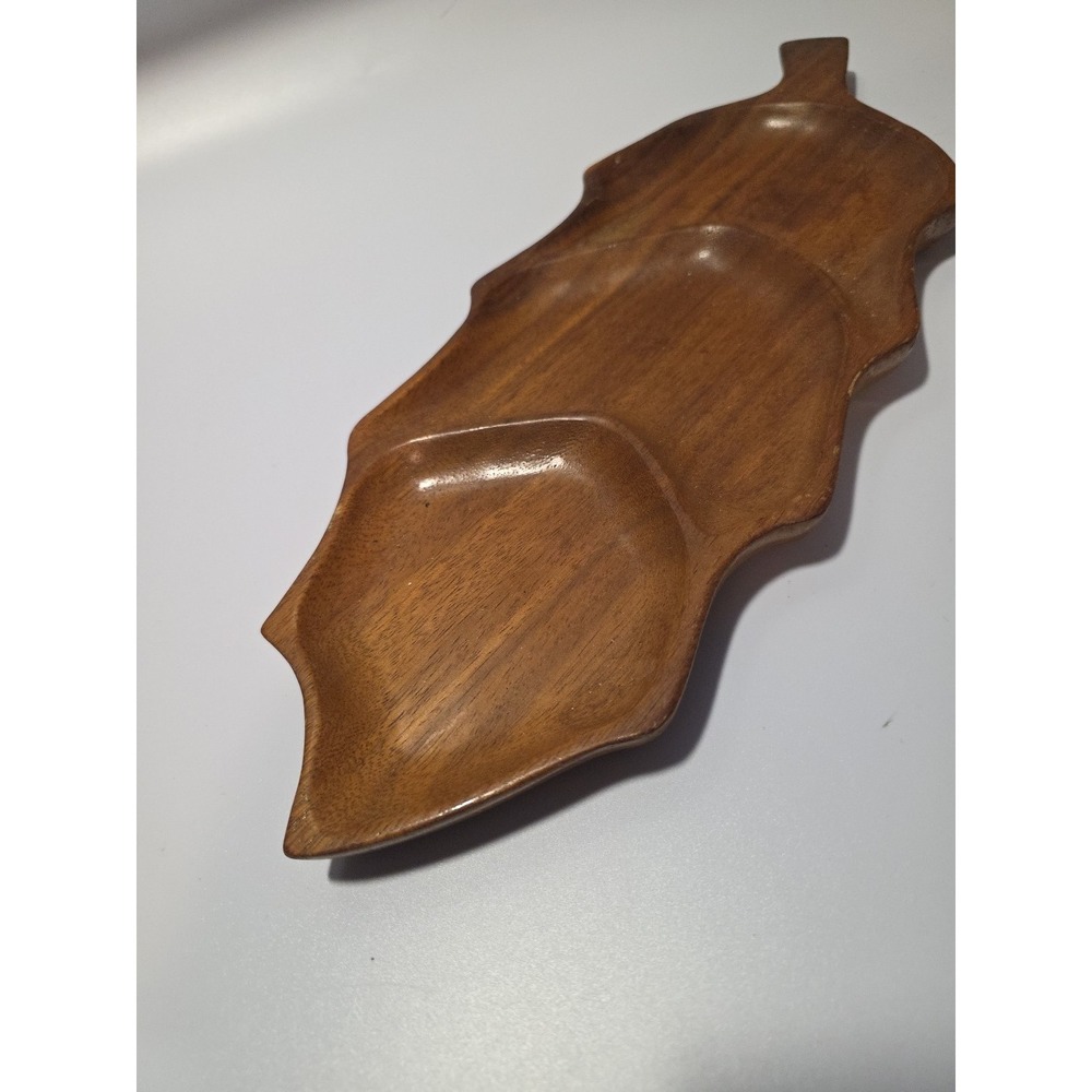 VINTAGE Carved Wood Leaf Serving Tray With 3 Compartments 17x6 - Picture 2 of 7